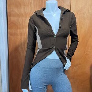 Maniere de Voir Women's Ribbed Longline Button Long Sleeve Cardigan US 6 Brown